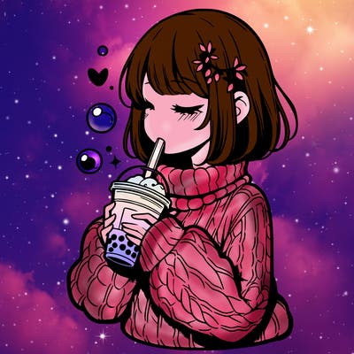 manga girl drinking boba in cozy sweater