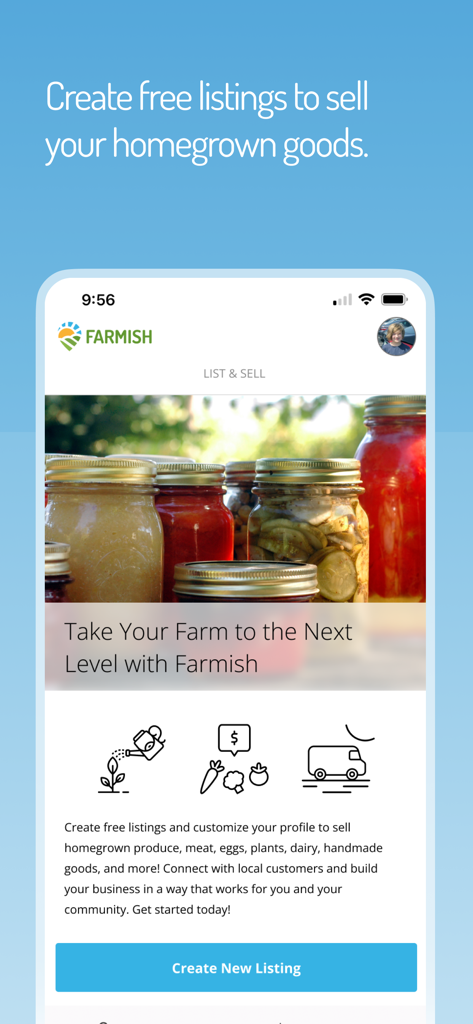 Farmish - Interface de l'application Farmish montrant les options pour créer des annonces gratuites pour vendre des produits du jardin et des produits transformés maison.