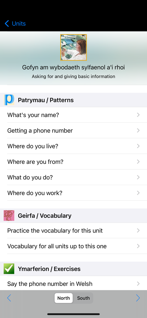 Cwrs Mynediad - A screenshot of the Cwrs Mynediad app showing a Welsh lesson for asking and giving basic information with sections for patterns vocabulary and exercises