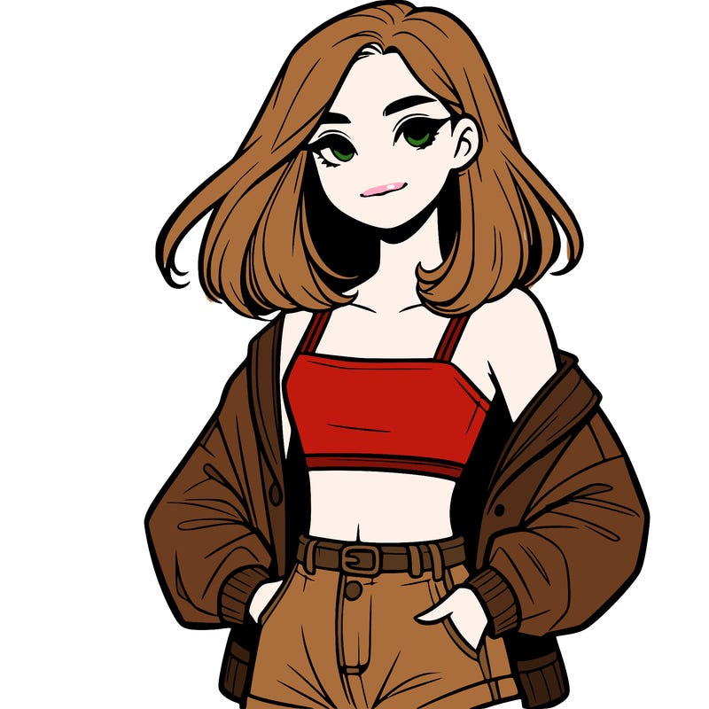 a realistic girl with a crop top and short shorts in an open jacket