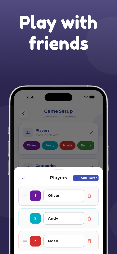 Oberfläche zum Hinzufügen und Verwalten von Spielern in der Social-Deduction-App Imposter Game