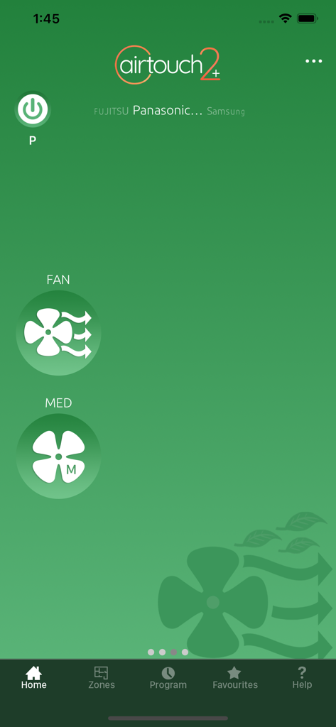 AirTouch 2 plus App Home-Oberfläche mit Lüftergeschwindigkeit und Stromsteuerungen