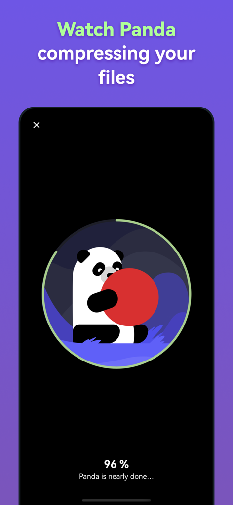 Panda mascot compressing a video file with a progress bar at ninety six percent