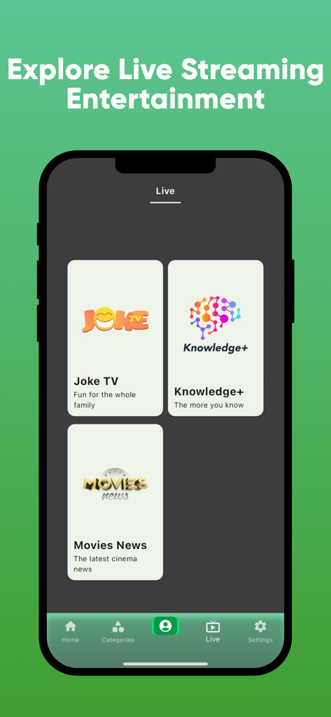 Amazing Videos Pro - Unlimited - Interface of the Amazing Videos Pro app showing live channel options like Joke TV and Knowledge plus.
