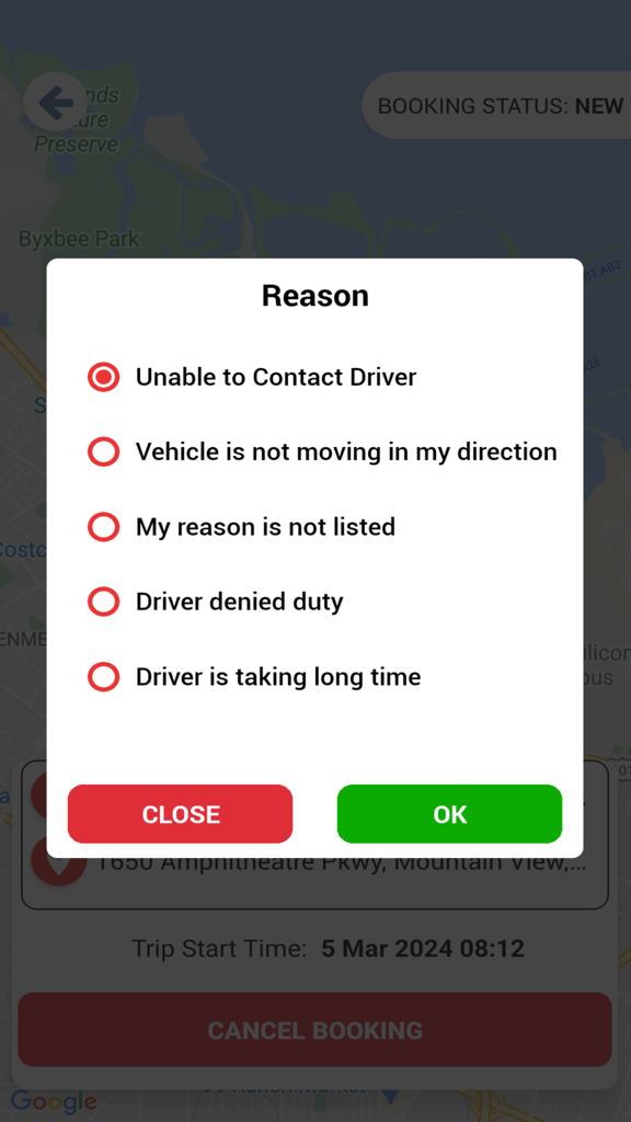 Ja Ride - Interfaz de la aplicación Ja Ride para seleccionar un motivo de cancelación de viaje
