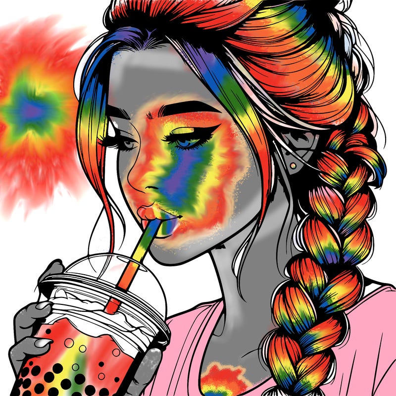 realistic girl drinking boba tea with braided hair