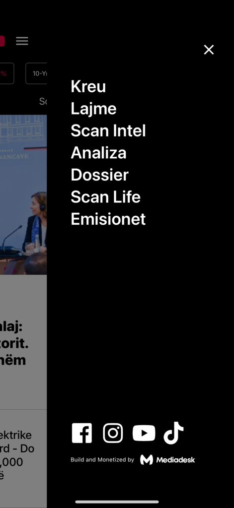 ScanTv - ScanTv mobile app navigation menu showing categories like News Analysis and shows in Albanian