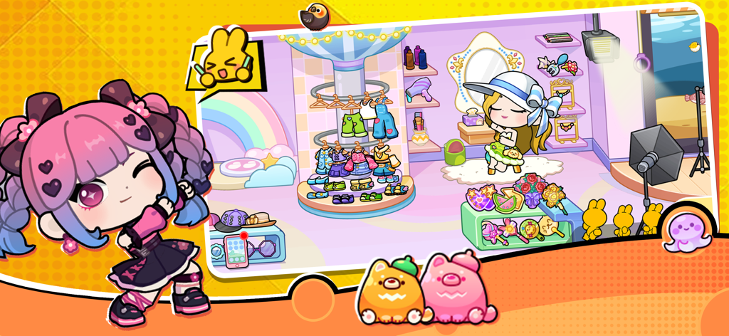 Un mignon personnage de dessin animé, une fille, se tenant dans un salon de beauté dynamique avec des portants de vêtements et un miroir de courtoisie dans Tut World.