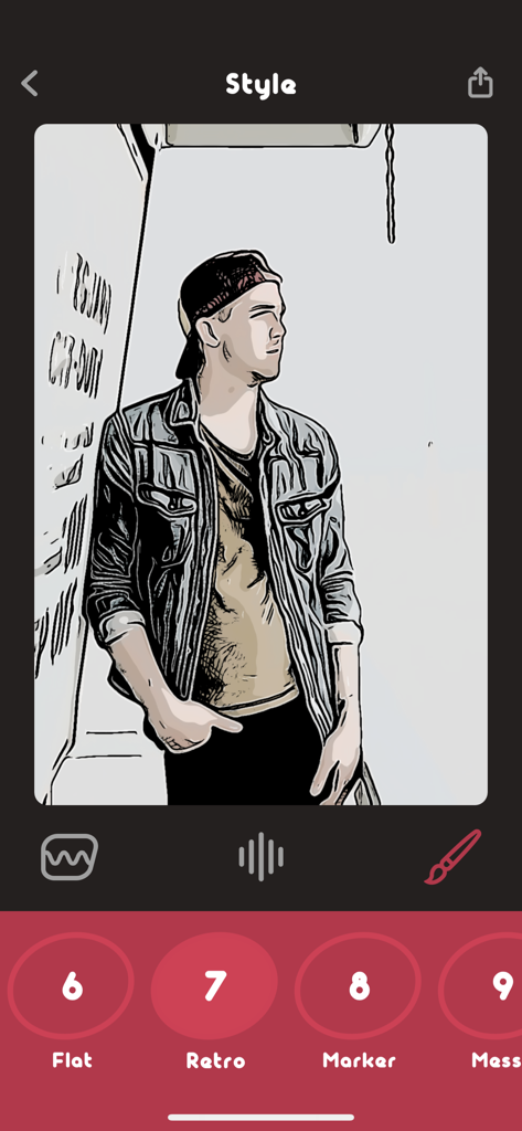 초상화 사진에 적용된 레트로 만화 필터를 표시하는 Animatix 앱 인터페이스