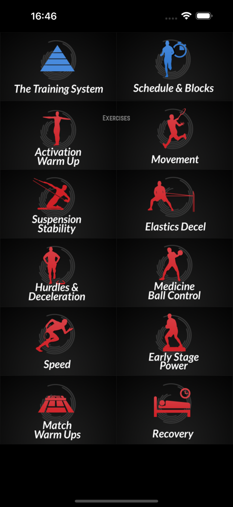 Interface of the Tennis Fitness Program app showing a grid menu of various training modules including movement, speed, and recovery