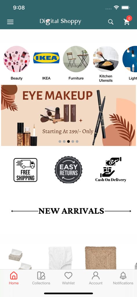 Digital Shoppy - Pantalla de inicio de la aplicación Digital Shoppy que muestra categorías de productos como belleza y muebles con un banner de promoción de maquillaje