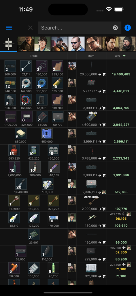 Database for Tarkov - A screen from the Database for Tarkov app showing barter trade profit calculations and in-game item values