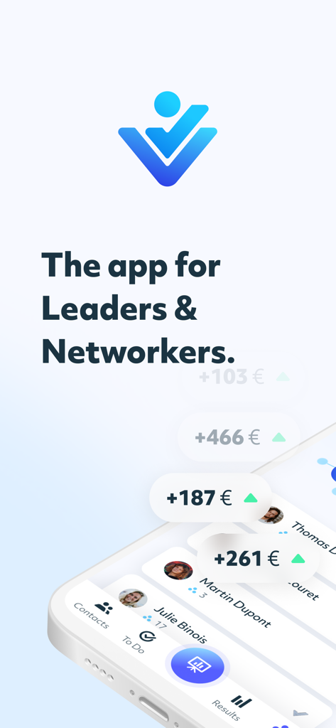 Pantalla promocional de la aplicación WO mlm para líderes de network marketing que muestra la gestión de contactos y el seguimiento de ganancias