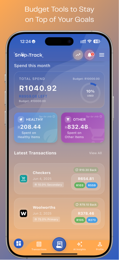 Snap N Track - Panel de la aplicación Snap N Track que muestra el presupuesto mensual y el desglose de gastos en alimentos saludables