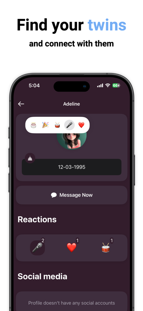 Twiny - Find your twins - A user profile on the Twiny app showing a birthday date and a button to message a birthday twin