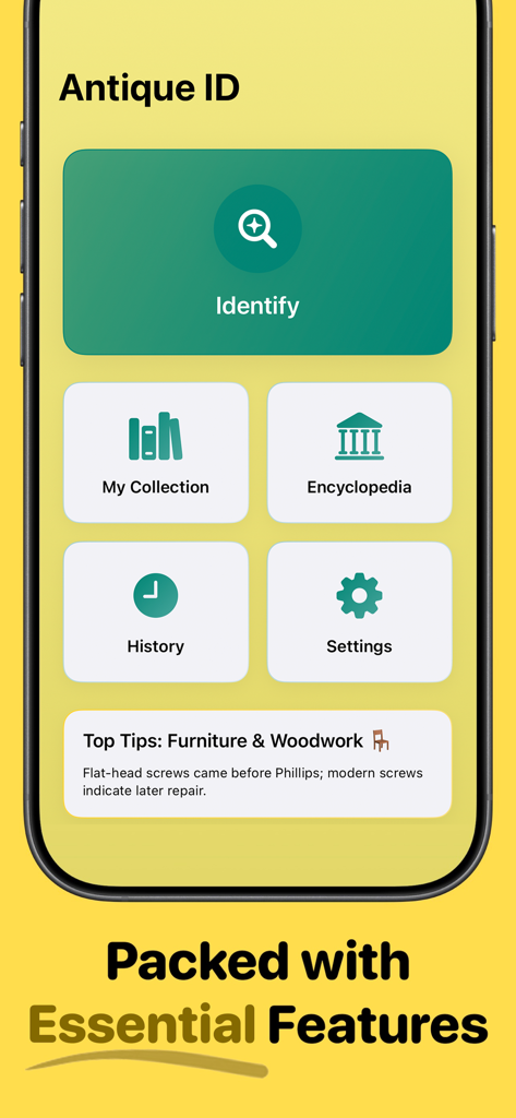 Pantalla de inicio de la aplicación Antique ID mostrando herramientas de identificación y funciones de colección