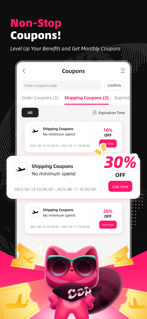 Oopbuy app screen displaying various shipping discount coupons for users