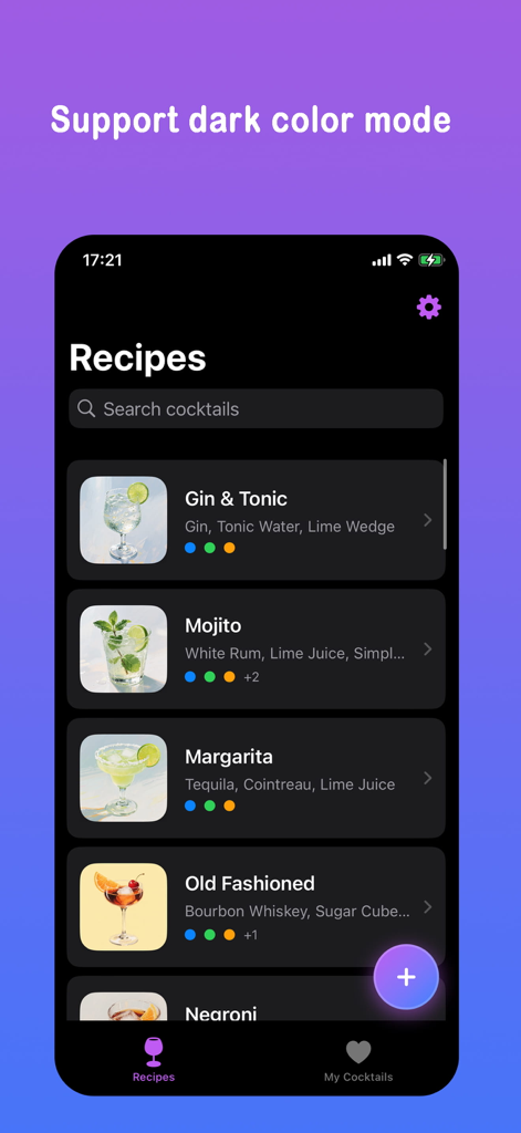 Cocktails Recipes Drink Create - Screenshot of the Cocktails Recipes app showing a list of drinks like Gin and Tonic and Mojito in dark mode