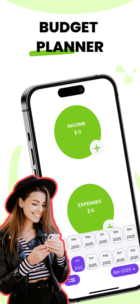 Pantalla de iPhone mostrando una app de presupuesto con seguimiento de ingresos y gastos y una joven usando su teléfono