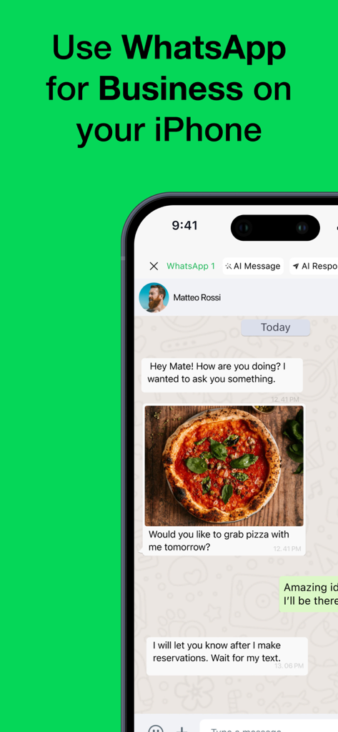 iPhone interface of Messenger Business app showing a WhatsApp chat with AI powered messaging tools