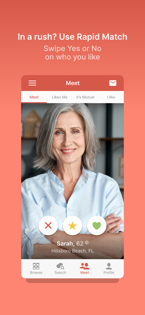 Interface of the Senior Next dating app showing the Rapid Match feature