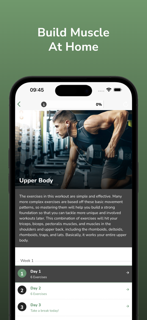 Dumbbell Workout Plan - Captura de pantalla de la interfaz de la aplicación Dumbbell Workout Plan mostrando un programa de entrenamiento de la parte superior del cuerpo y un horario semanal.
