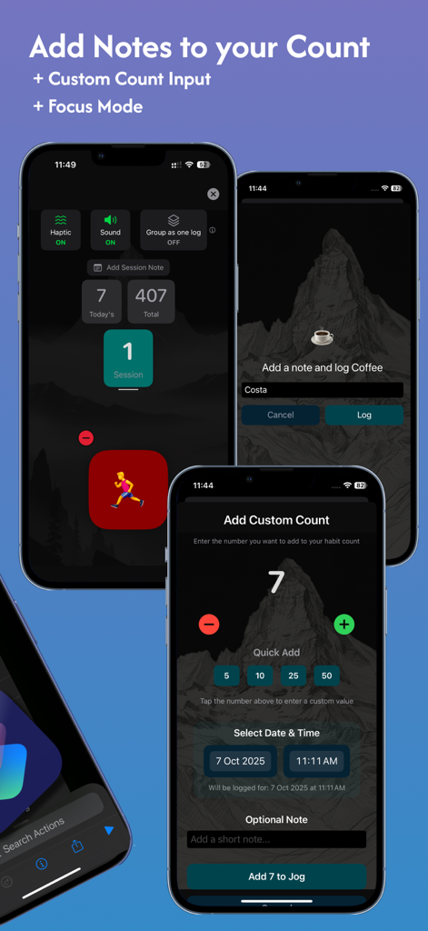 Habit Tracker Counter: CountIt - Interface of Habit Tracker Counter CountIt showing how to add notes and custom count inputs for tracking habits.