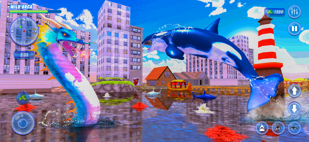Orca Killer Whale Simulator - An orca jumping out of the water near a giant sea dragon in a city harbor