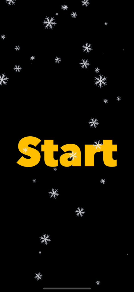 雪の結晶が降るアニメーション付きの、ランダム名前ジェネレーターアプリのスタートボタン（黒い背景）