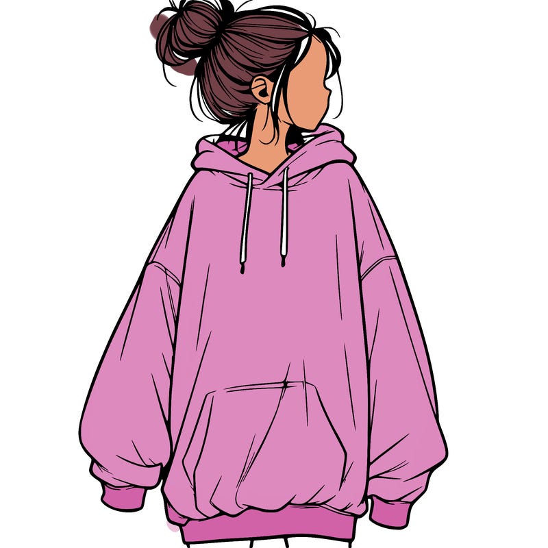 realistic girl with a oversized sweatshirt on and a bun