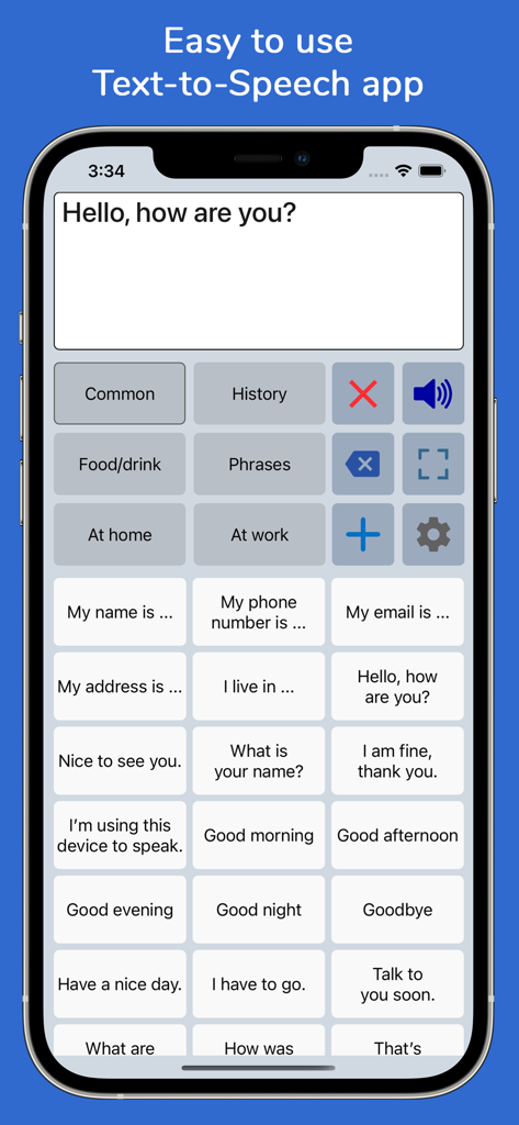 Speech Assistant AAC - iPhone上のカテゴリ分けされたコミュニケーションボタンを表示するSpeech Assistant AACアプリのインターフェース