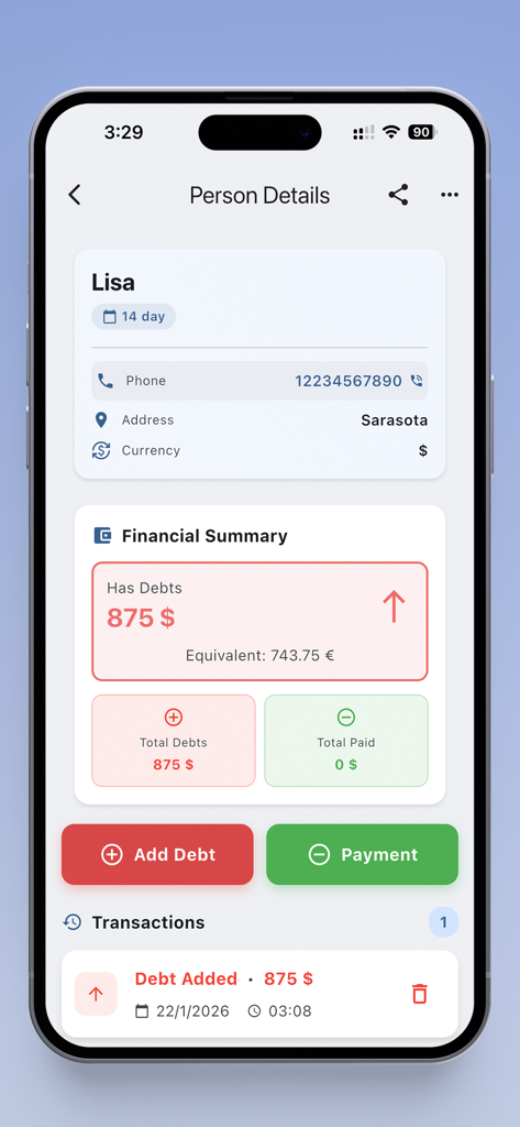 Debt Manager - Money Tracker - A detailed person profile in the Debt Manager app showing contact info and a financial summary of debts and payments.