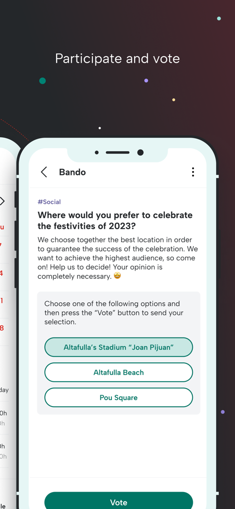 eAgora - Mobile screen showing the eAgora app interface for a local community poll where users can vote on a celebration location.