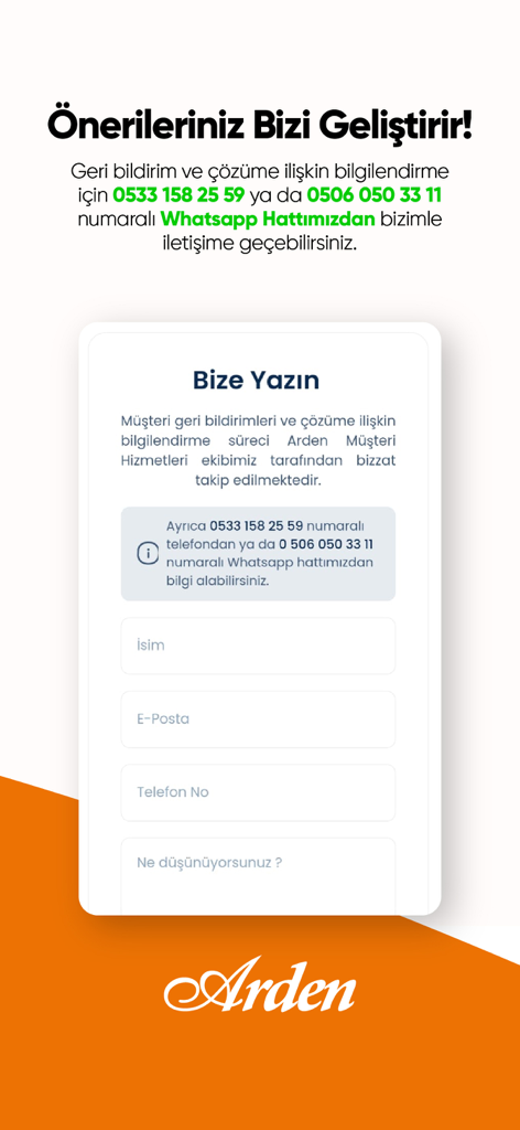 Arden Market - Modulo di contatto e feedback dell'app Arden Market per l'assistenza clienti