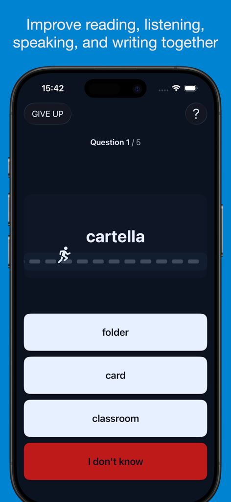 Basic Italian Vocabulary App - Interface of the Italian vocabulary app showing a multiple choice quiz for the word cartella.
