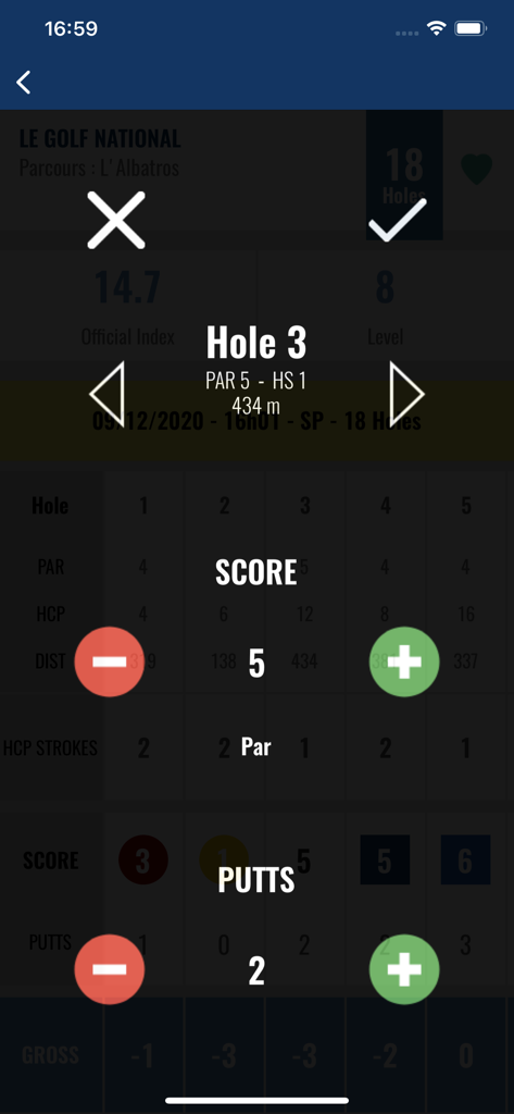 ffgolf - Digital scorecard and putt tracker interface in the ffgolf app.