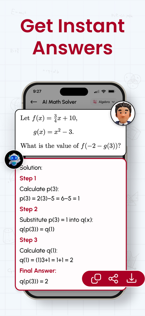 Math AI - Solve Math Problems - Interfaz de la aplicación móvil Math AI que muestra soluciones detalladas paso a paso para un problema de álgebra.