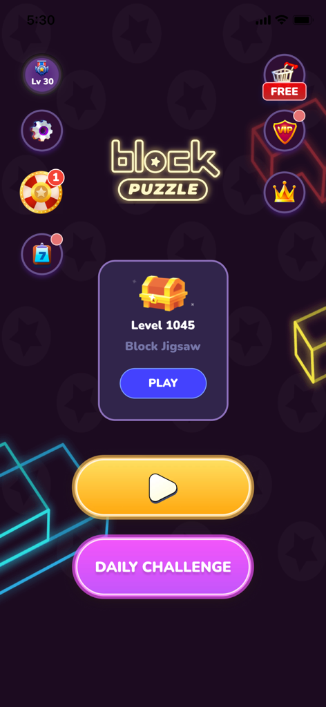 Block Puzzle - Puzzle Games * - Menú principal del juego móvil Block Puzzle con botones de reproducción y opciones de desafío diario sobre un fondo oscuro.