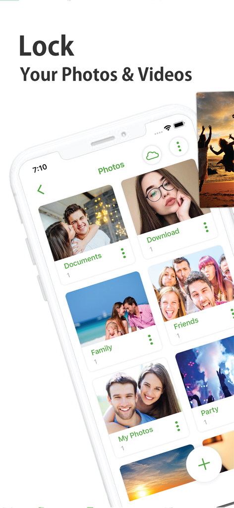 Calculator# app interface showing a private photo and video vault with categorized albums