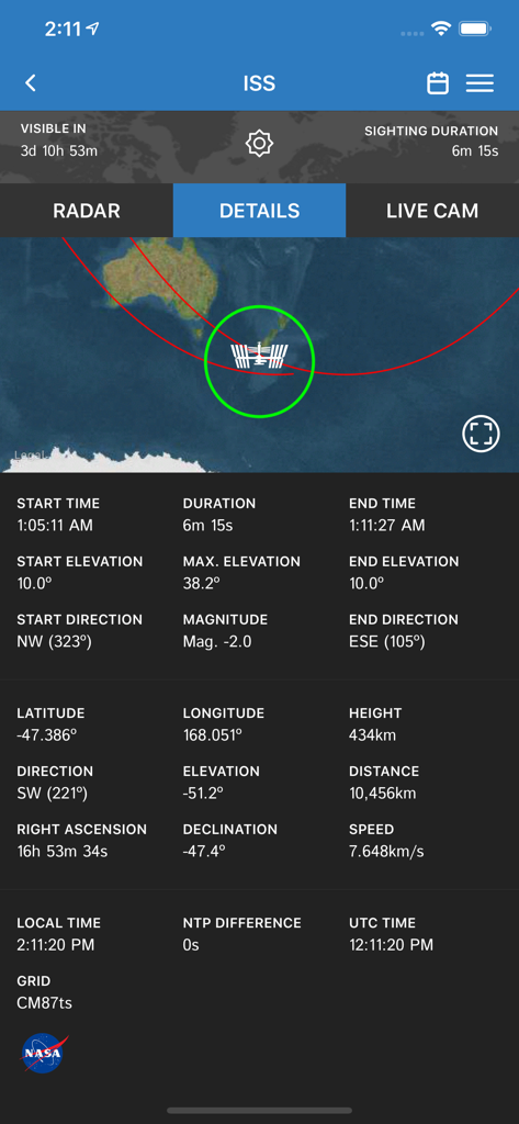 ISS Detector app interface displaying International Space Station orbital tracking data and location map