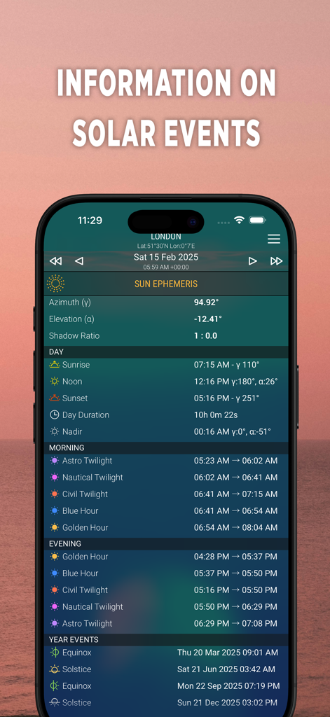 SunIZup - Golden Hour Photos - Tela do aplicativo SunIZup mostrando dados de efemérides solares, incluindo hora dourada, hora azul e horários do crepúsculo