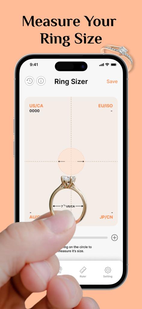 Ring Sizer - Measure Ring Size - A hand holding a diamond ring against an iPhone screen using the Ring Sizer app to find the correct size.