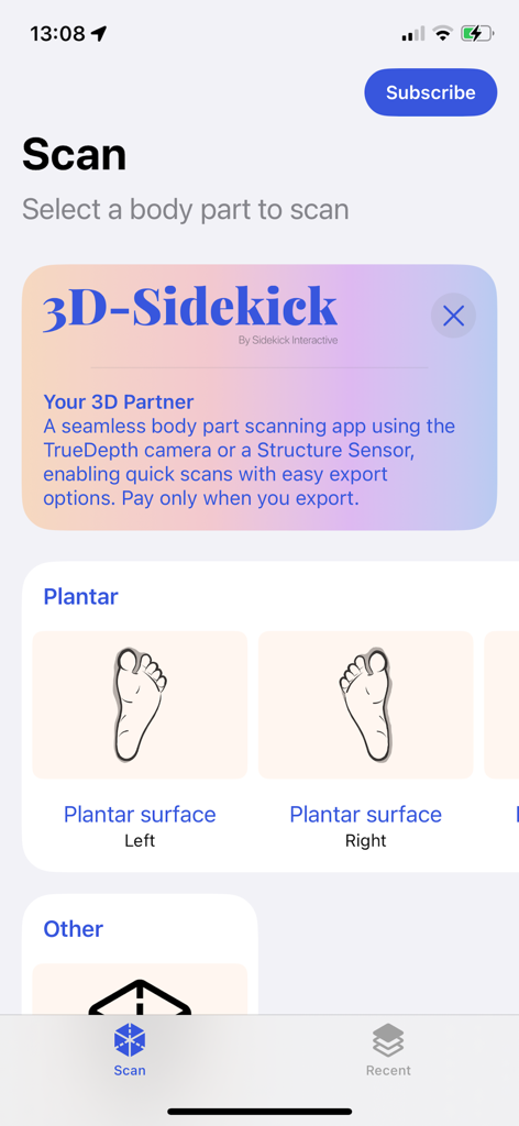 3D-Sidekick - Interfaz de la aplicación 3D-Sidekick para seleccionar partes del cuerpo a escanear, incluidas las superficies plantares izquierda y derecha