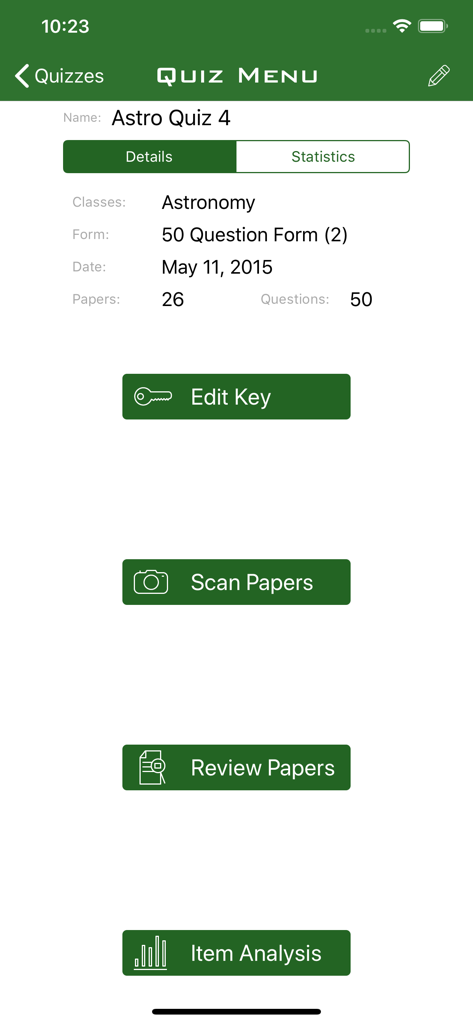 Interfaz de la aplicación ZipGrade para administrar un cuestionario con opciones para escanear documentos y realizar análisis de ítems