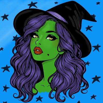 realistic witch girl with wavy hair and lips
