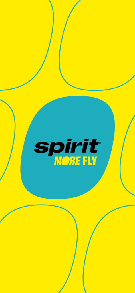 Pantalla de bienvenida de la app Spirit Airlines con el logo de Spirit y el lema More Fly sobre un fondo amarillo brillante.