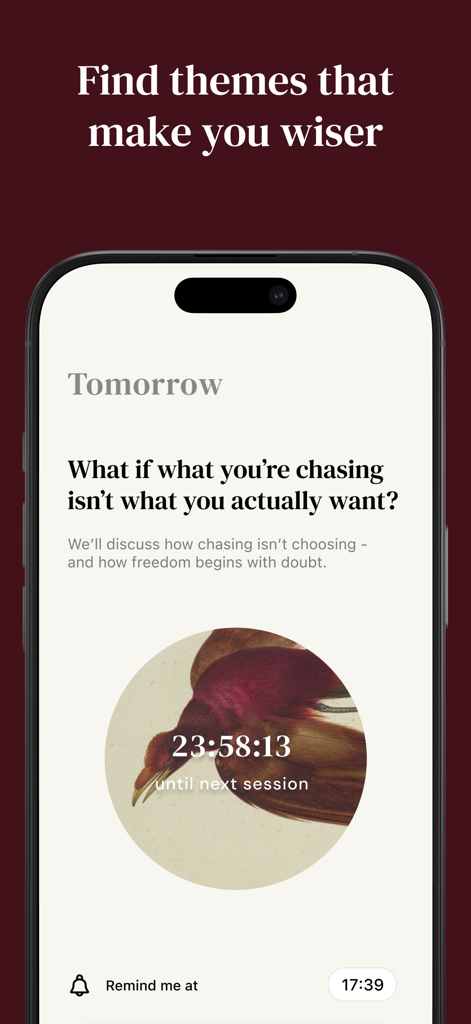 Alter・Daily Philosophy Journal - Interface of the Alter app showing a daily philosophical reflection prompt with a countdown timer for the next session.