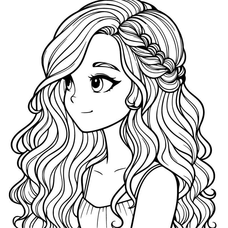 girl with long curly hair side part realistic