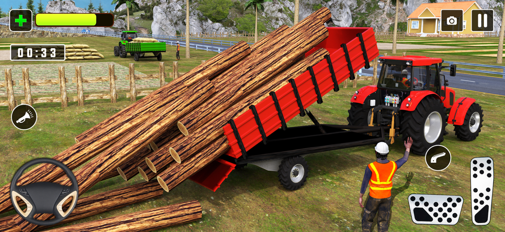 Tractor Games Trailer Pull 3D - Um trator vermelho descarregando toras de madeira de um reboque inclinado em um jogo de simulação de fazenda 3D.