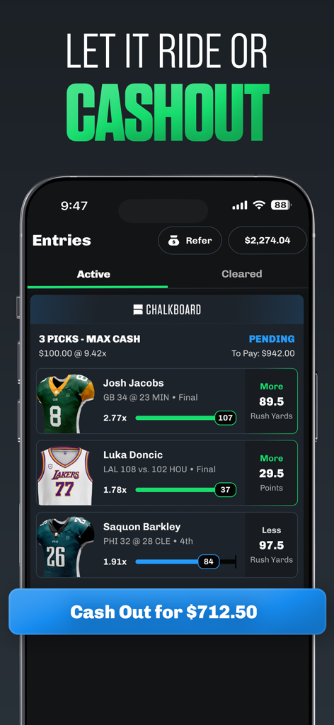 Chalkboard Fantasy Sports - Chalkboard Fantasy Sports app displaying live picks and the cash out feature.